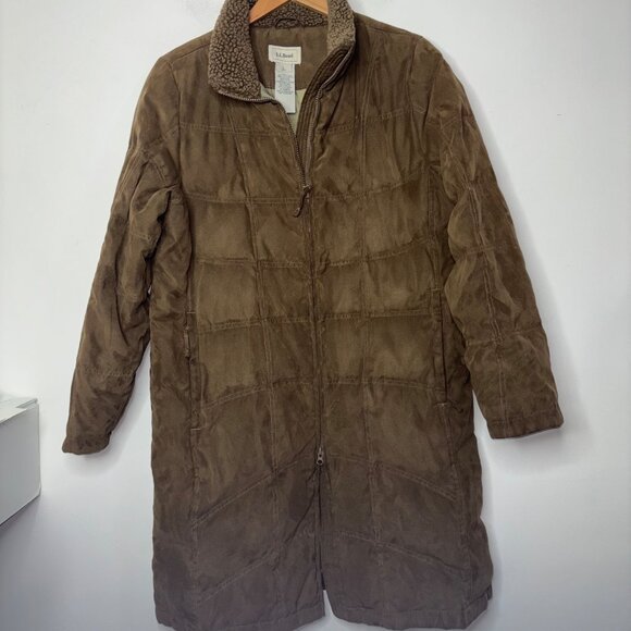 Vintage LL Bean Women's L Faux Suede Quilt Goose Down Parka Coat Sherpa Brown - Picture 7 of 12